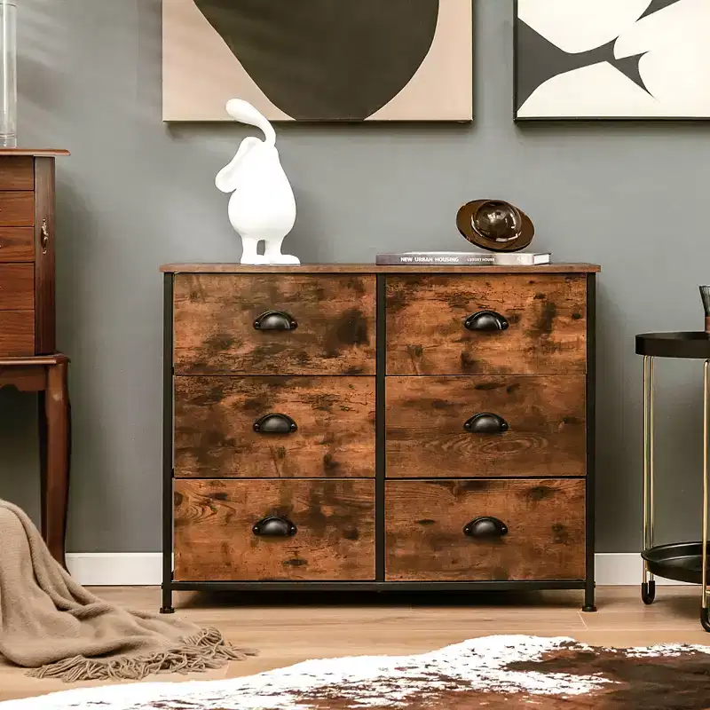Costway 6 Drawer Dresser Fabric Storage Tower w/wooden Top Chest Organizer Rustic Brown