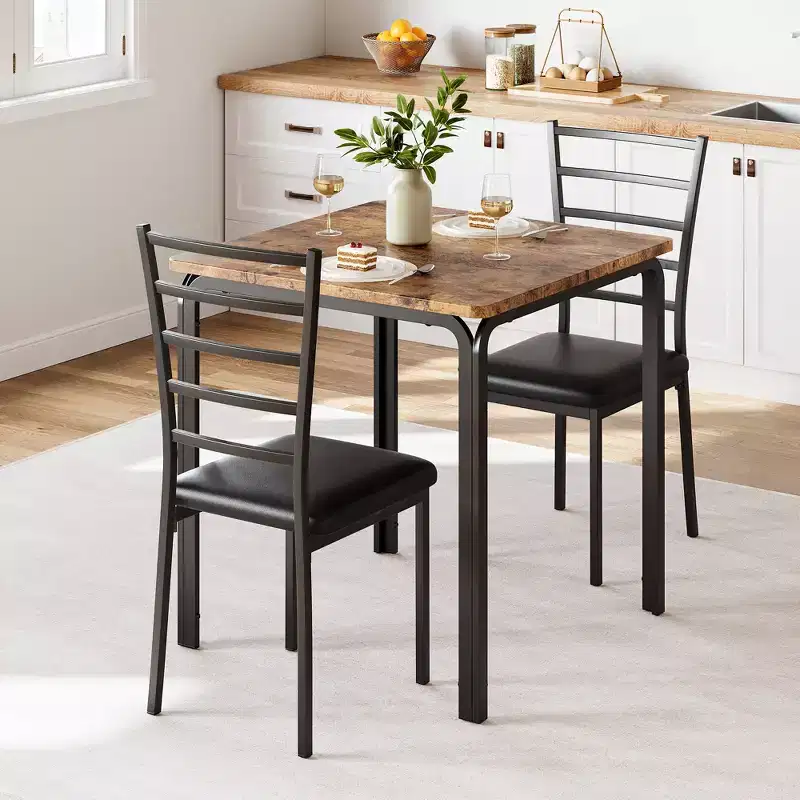 Dining Tables for 2, Kitchen Table and Chairs, Square Dining Table with 2 Metal and Wood Chairs, for Small Spaces, Apartment