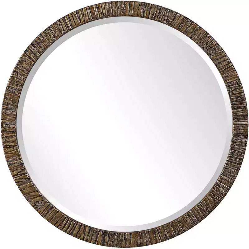 Uttermost Round Vanity Accent Wall Mirror Rustic Beveled Antiqued Metallic Gold Leaf Wood Frame 30 Wide for Bathroom Bedroom