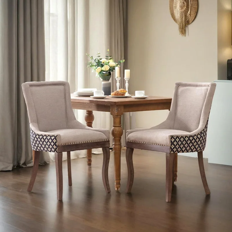 Ultra Side Dining Chair, Thickened fabric chairs with neutrally toned solid wood legs, Bronze nail head, Set of 2