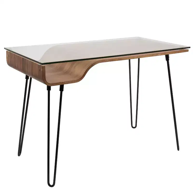 LumiSource Avery Mid Century Modern Desk Walnut : Tempered Glass Top, Wood & Metal Frame, All Purpose Drawer
