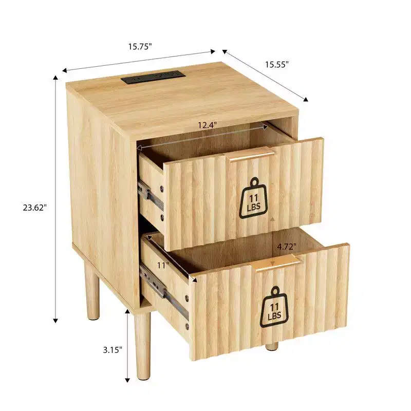15.7In. Oak Nightstand, P2 15MM MDF, Melamine & Vacuum Forming, 2 Drawers, US Outlet (1USB+1TYPE C+2AC)