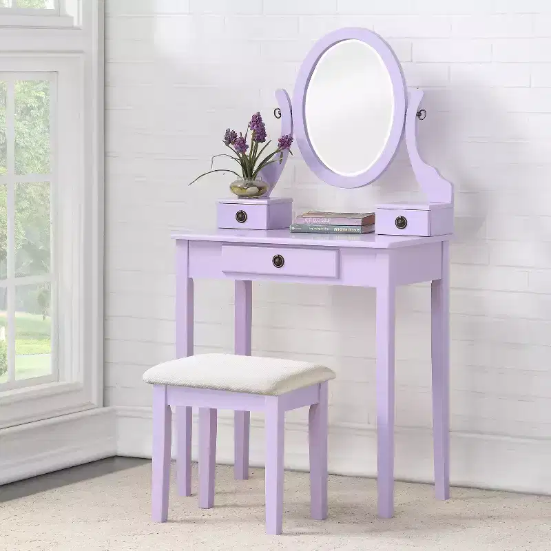 Moniya Purple Wood Makeup Vanity Table and Stool Set