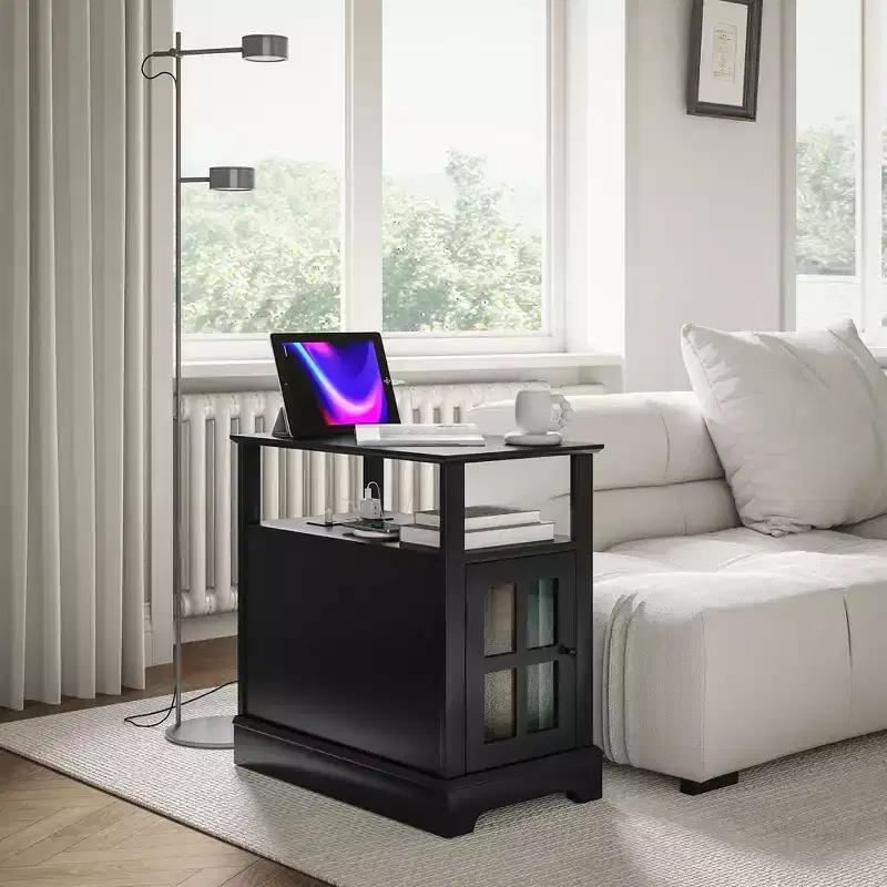 HOMCOM Side Table with Charging Station, Narrow End Table with USB Ports and Outlets, Hidden Storage and Open Shelf for Living Room