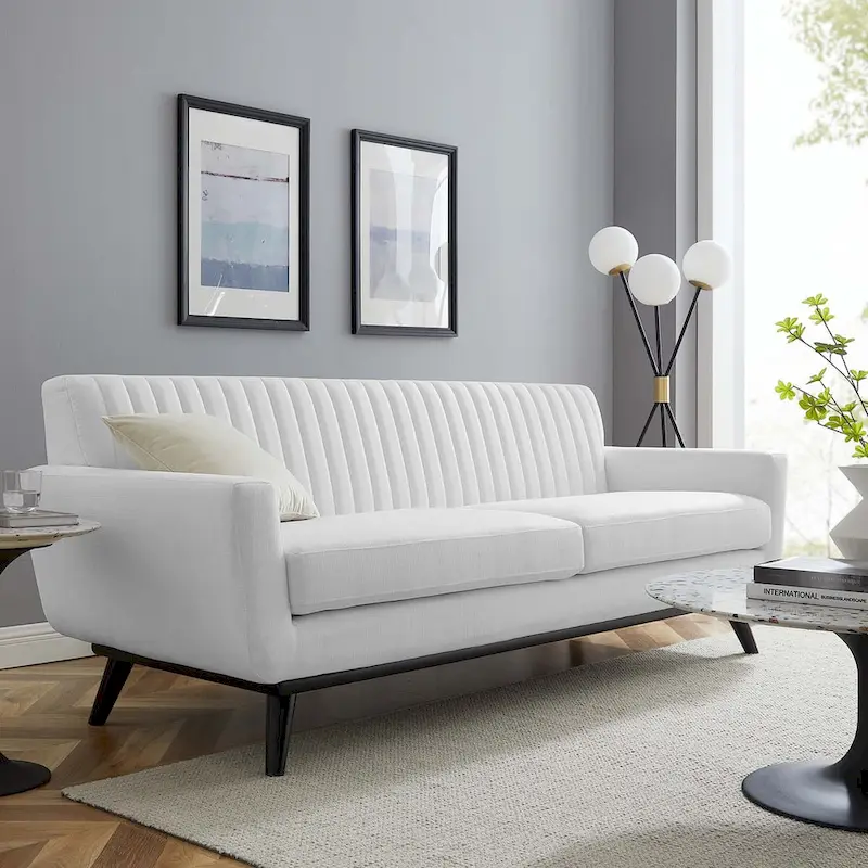 Polyester Channel-Tufted Sofa with Rubberwood Legs – White