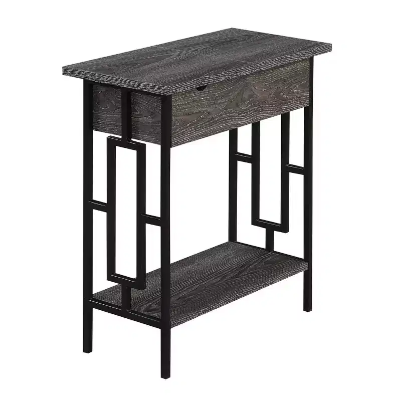 Town Square Flip Top End Table with Charging Station Weathered Gray/Black - Breighton Home: USB Ports, Cable Management, Bottom Shelf