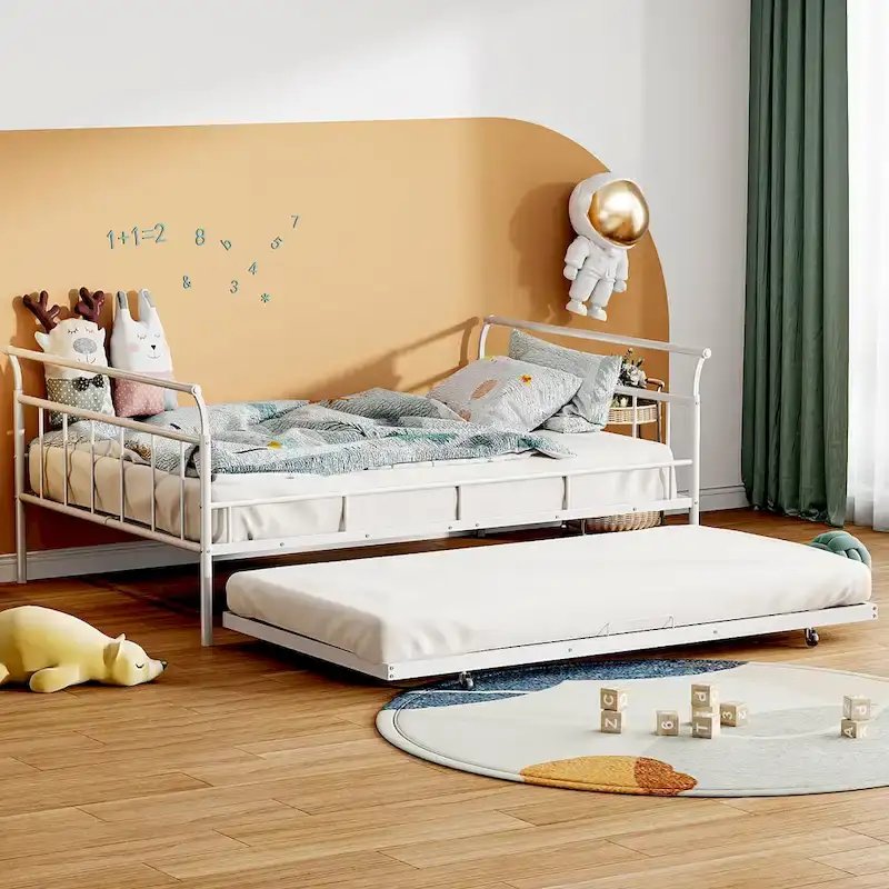 Metal Daybed with Curved Handle Design and Twin Size Trundle for Bedroom
