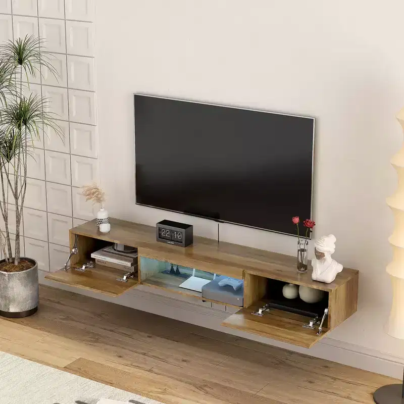 Floating TV Stand, Wall Mounted TV Shelf with 16 LED Lights & Power Outlet, Wall Mounted Console Table