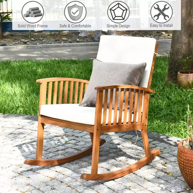 Costway Acacia Wood Rocking Chair Patio Garden Lawn W/ Cushion