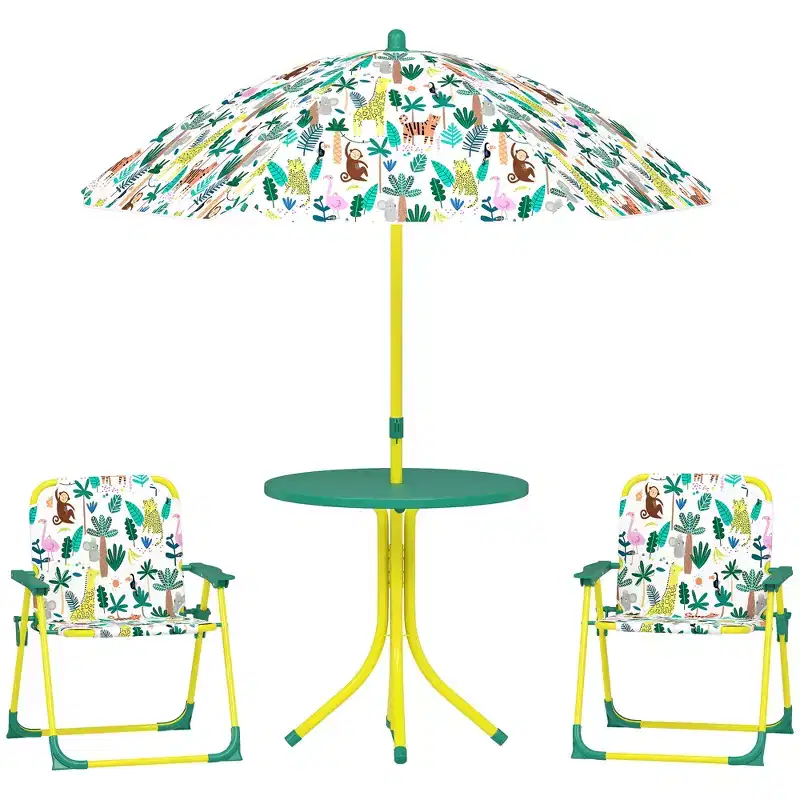 Qaba Kids Picnic Table with 2 Folding Chairs and Umbrella, Jungle Theme Portable Children Outdoor Furniture for Backyard, Garden, Patio, Green