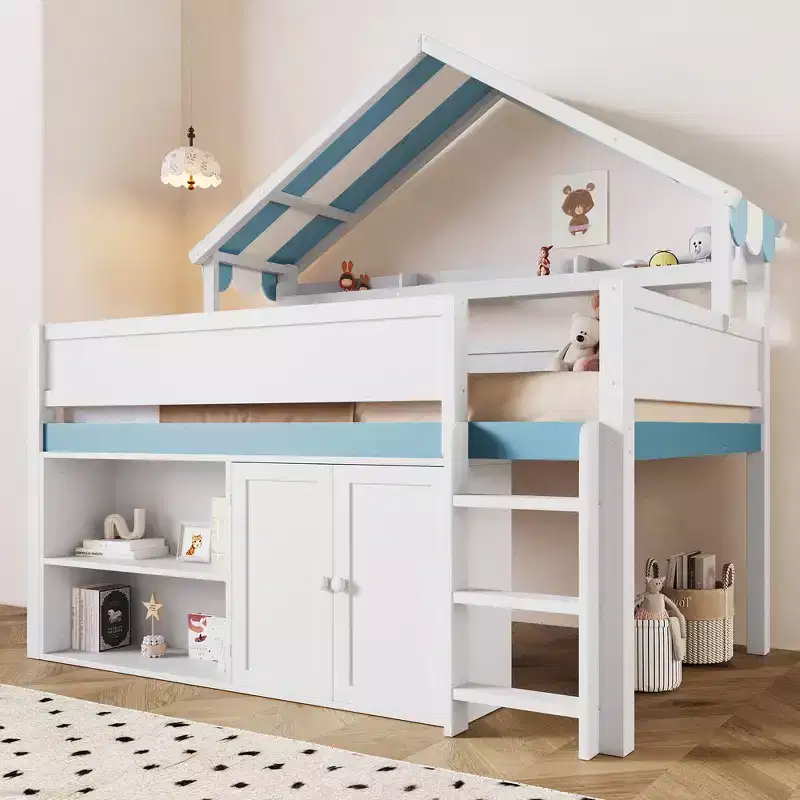 Whisen Full Size Loft Bed, House-Inspired Design with Canopy Roof and Storage Cabinet