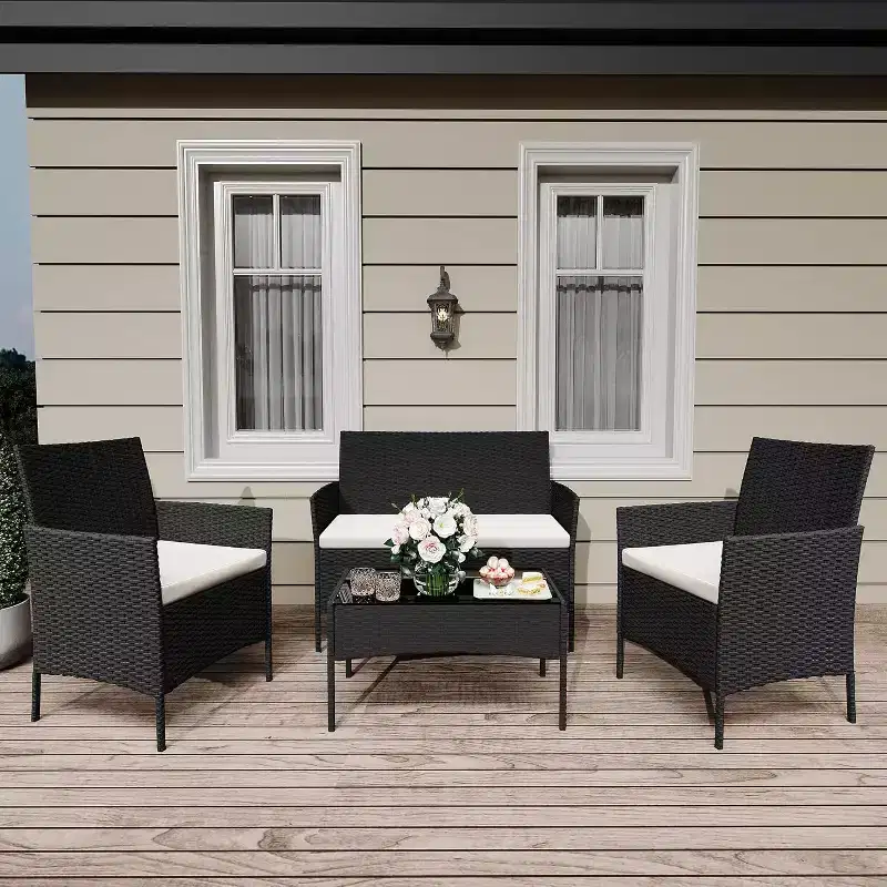 4 Piece Outdoor Patio Furniture Sets,Wicker Rattan Conversation Sets, Bistro Patio Set with 2 Chairs,Soft Cushion,Loveseat and 1 Glass Coffee Table