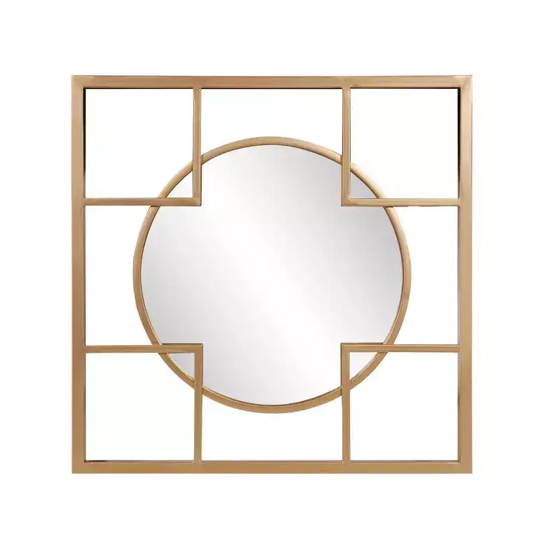 Howard Elliott 20x20 Metal Framed Circular and Square Gold Wall Mirror: Modern Style, No Assembly, Wall Mount