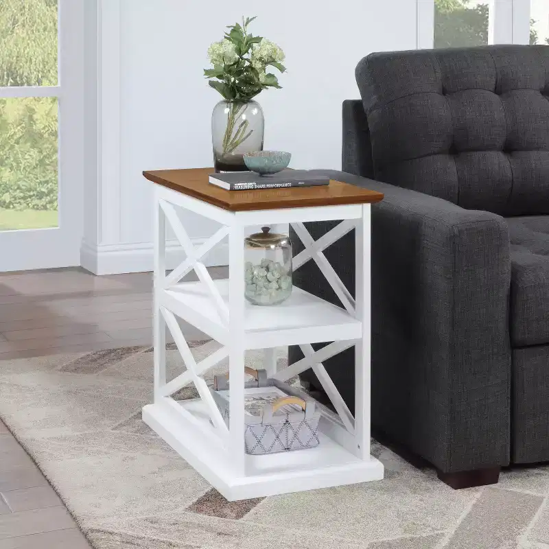 HomeStock Belmont Chairside End Table with Shelves Double X Side Design Three-Tier Display Solid Wood Accent Furniture for Living Room