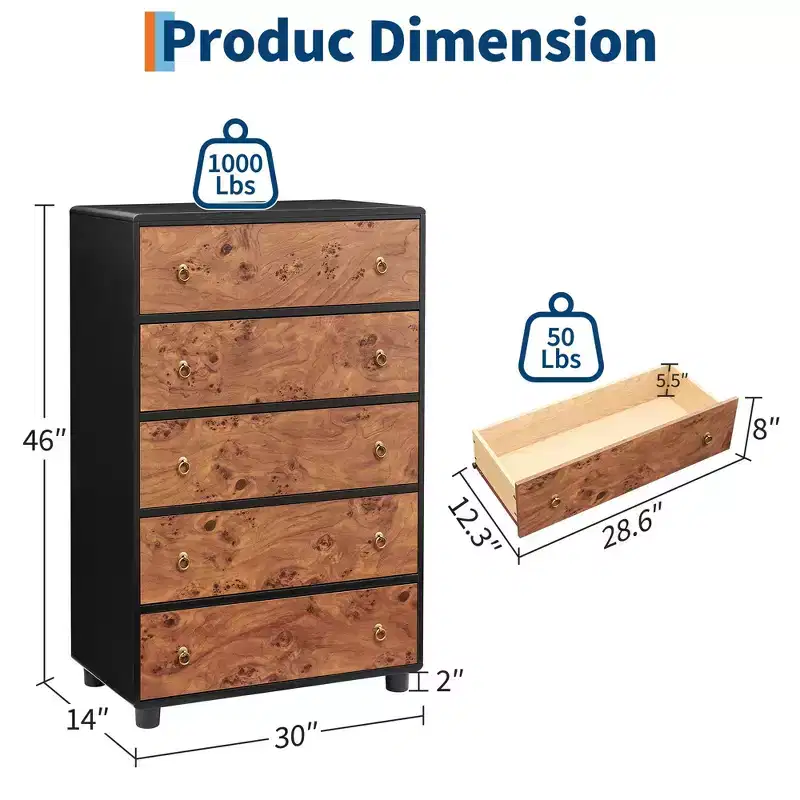 Natural Oak Wood 5-Drawer Dresser, Chest with Curved Design & Vintage Round Knobs, Multi-Room Storage