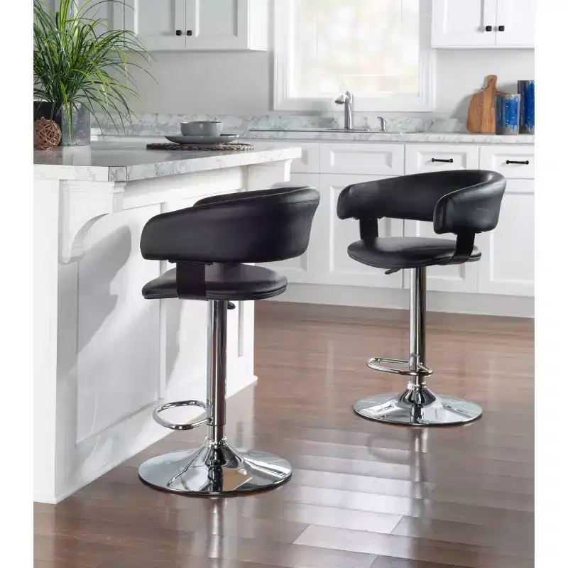 Adjustable Barrel Back Faux Leather Swivel Seat Barstool, Black