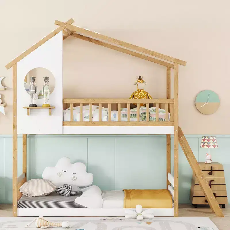 Twin Over Twin Bunk Bed with Roof, Playhouse Design, Safe Ladder & Railings - Natural