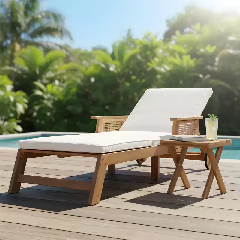 Christopher Knight Home Briar 2 Piece Patio Acacia Wood Rattan Sunlounge with 2 Wheels and Slatted Side Table