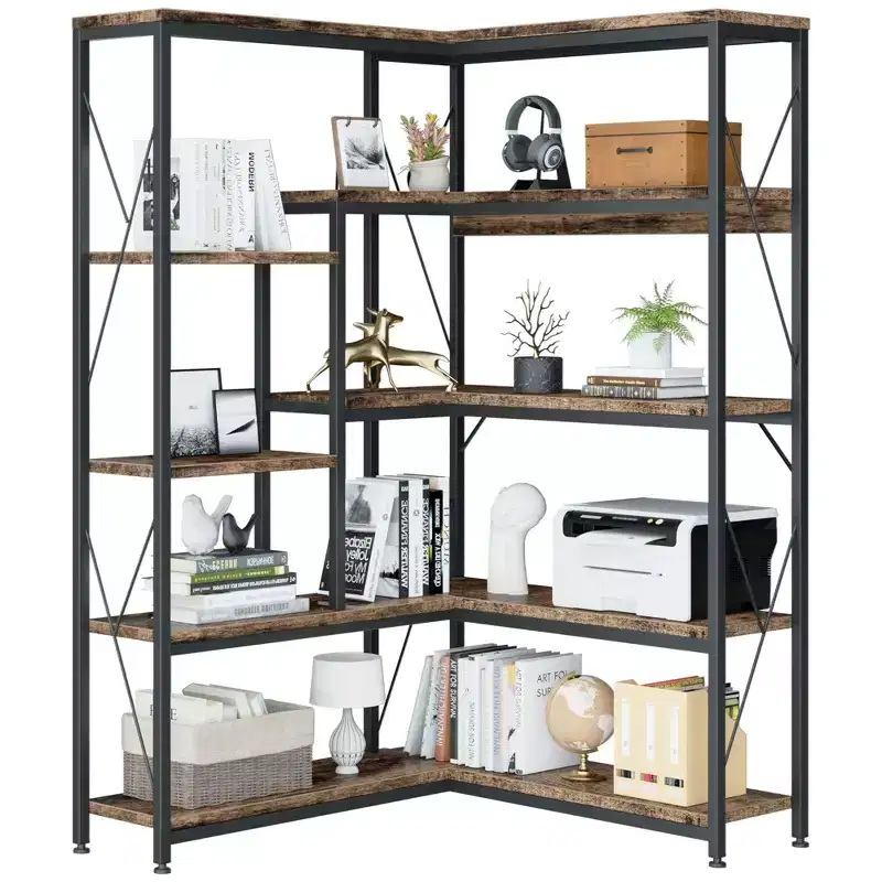5 Tiers Corner Bookshelf, 70.86 Tall L-Shaped Bookcase, Corner Shelf Display Storage Rack with Metal Frame for Living Room Home Office