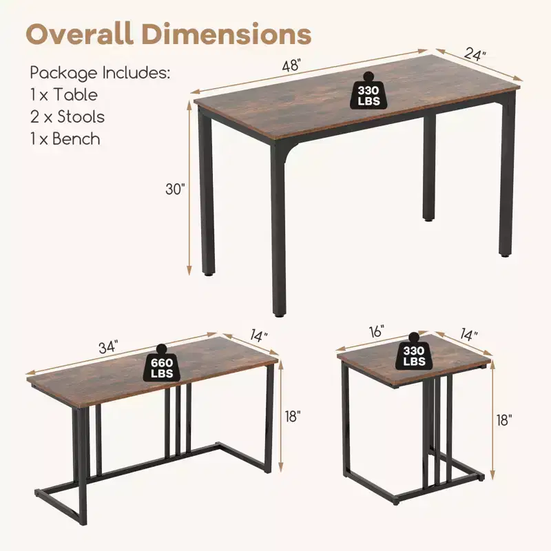 Costway 4-Piece Dining Table Set Industrial Kitchen Table Set w/ Bench & 2 Stools
