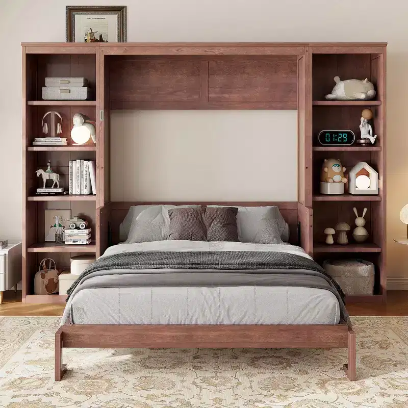 Full Size Murphy Bed & Bed Frame with Desk and Bookshelf, Space-Saving Design