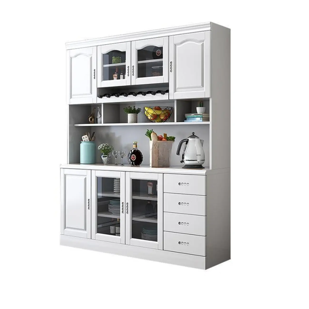 Kitchen Wooden White Cabinet Sideboard Built-in Wine Rack