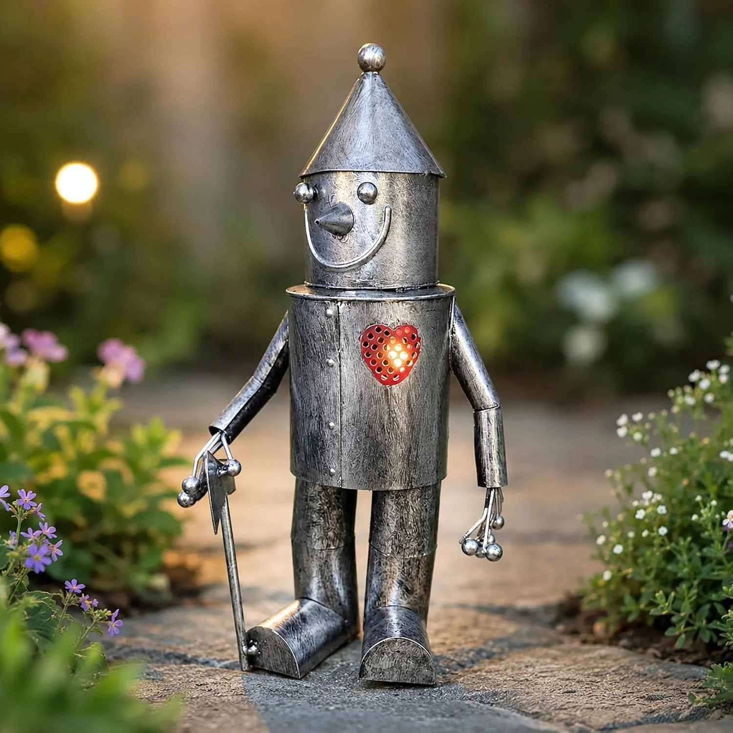 Solar Tin Man Garden Ornament with Light Up Heart Metal Statue 30cm