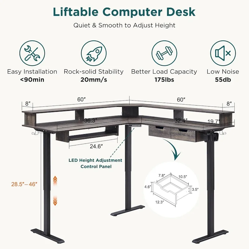 L-Shaped Electric Standing Desk, Height Adjustable, RGB LED, Carbon Fiber Black / Dark Rustic Oak / Antique White, 1-Person