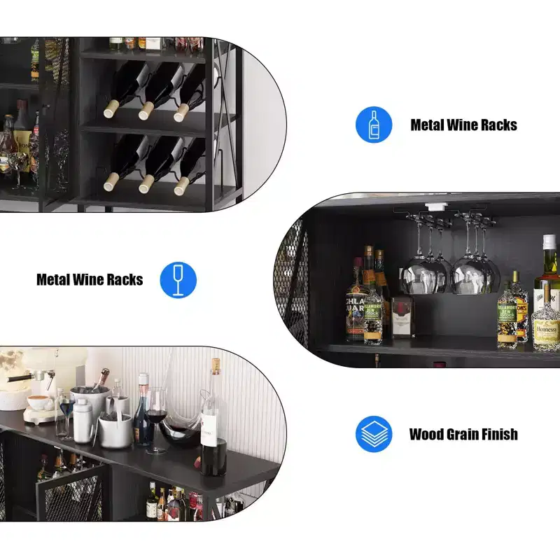 Farmhouse Wine Bar Cabinet, Industrial Coffee Bar Sideboard with Wine Rack and Glass Holder