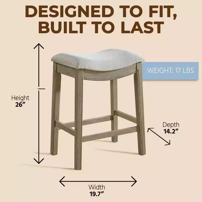 Grey Upholstered Backless Counter Stool, Reclaimed Oak Frame, 2-Pack