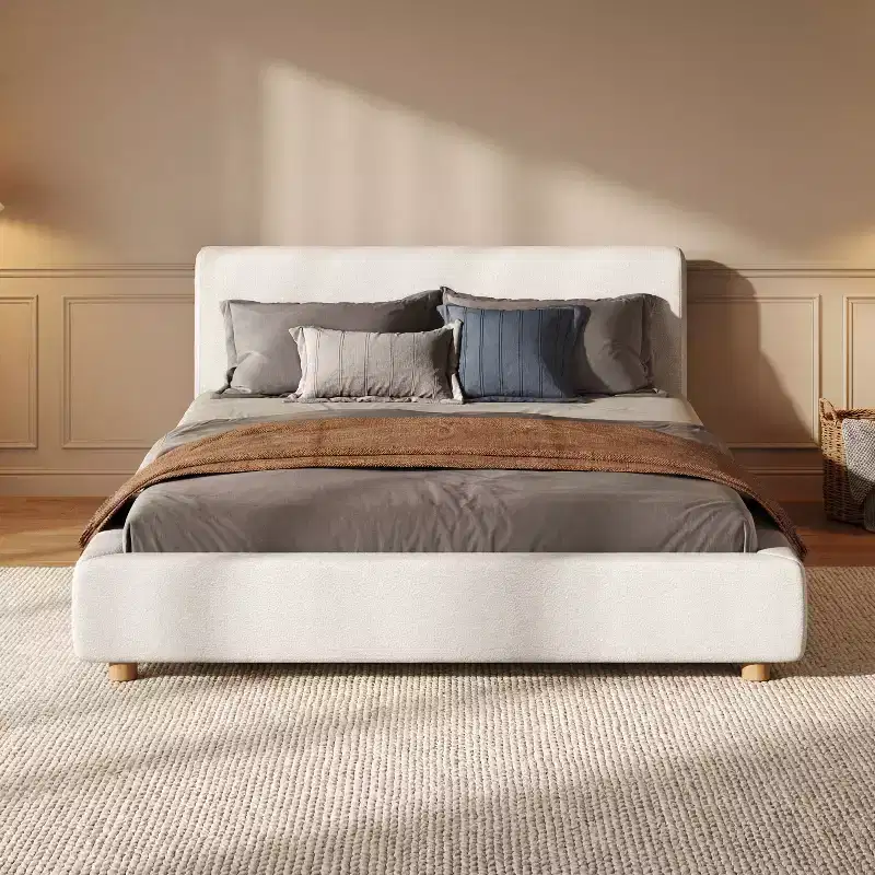 Queen/King Size Upholstered Platform Bed Frame with Soft Padded Headboard, White - ModernLuxe