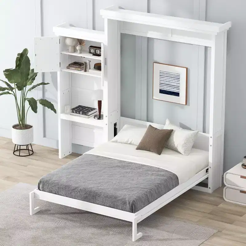 Queen Size Murphy Bed with Storage Shelves and Louvered Cabinet