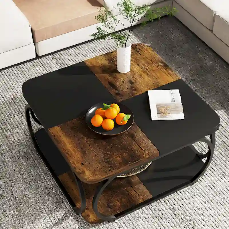 39 Inche 2-Tier Square Coffee Table with Metal Frame for Living Room