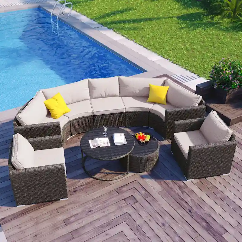 9-Piece Half-Moon Sectional Set with Nesting Table & Armchairs