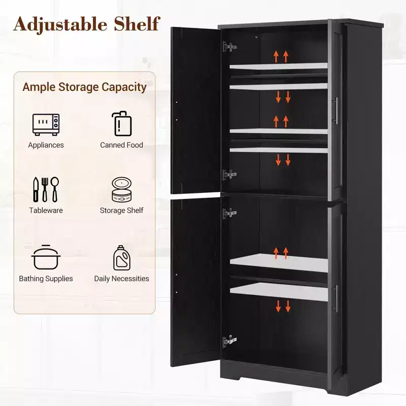 Storage Cabinet, 70in Tall Kitchen Pantry Cabinet - Freestanding 4-Door Cupboard with Adjustable Shelves Utility Hutch black/gray/white