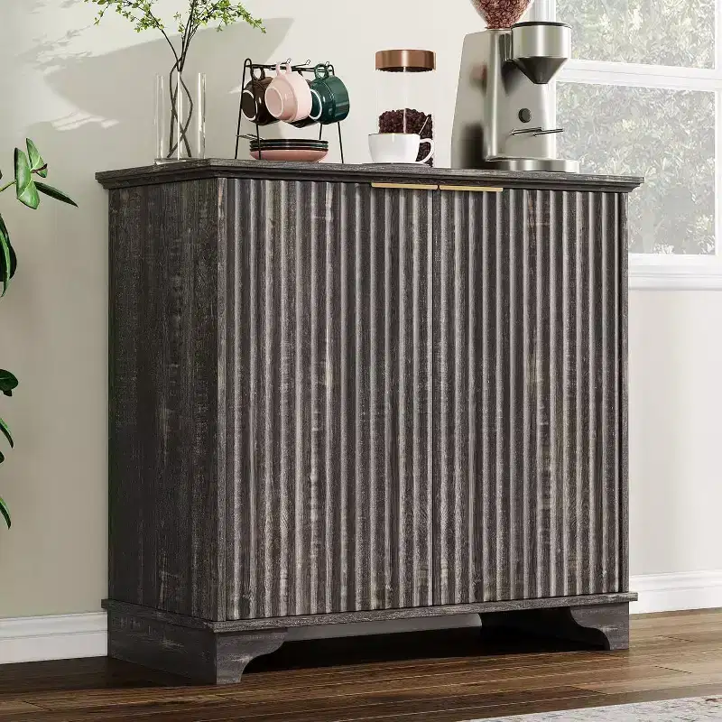 Acekool Farmhouse Buffet Cabinet  Fluted Doors & Adjustable Shelves for Kitchen, Dining, and Living Room (Natural Oak)