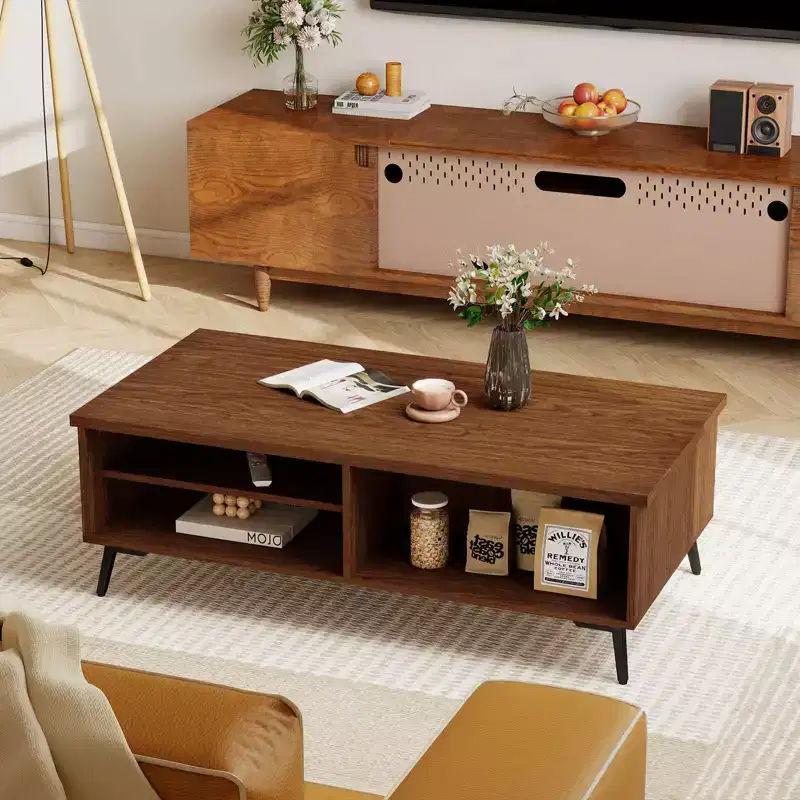 Costway 2-Tier Rectangular Center Table with Storage Shelves & Compartments for Living Room Charcoal Blue/Brown