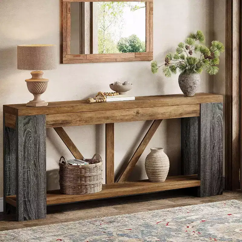 70.9-Inch Long Console Table, 2-Tier Farmhouse Sofa Table Behind Couch, Large Entry Console with Storage for Hallway, Foyer