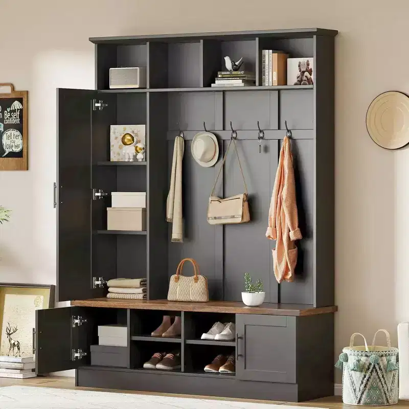 55W 3-in-1 Hall Tree with 6 Hooks, Coat Rack and Walnut Entryway Storage Bench with Adjustable Shelves