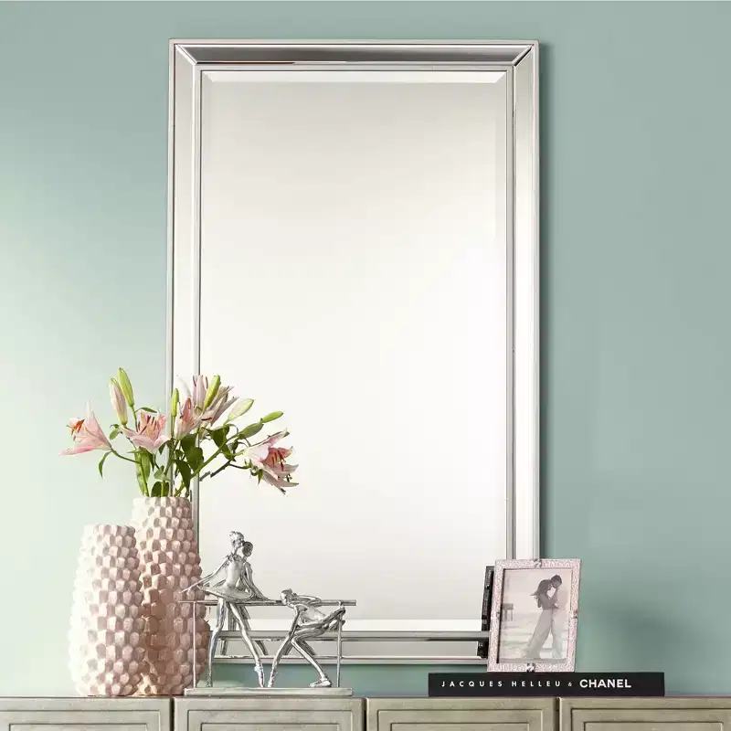 Rectangular Vanity Accent Wall Mirror, Modern Beveled Silver Frame, 25