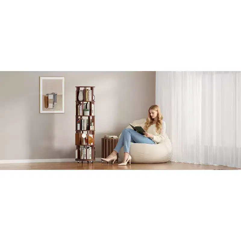 360 Rotating Bookshelf with Wheels, Solid Wood Narrow Bookcase with 5-Tier, Display Case for Living Room, Office, Bedroom, Walnut