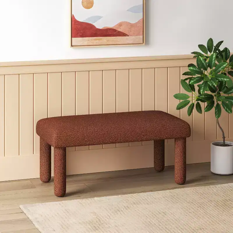 Upholstered Boucle Bench in Rust – Rectangle, Wooden Frame