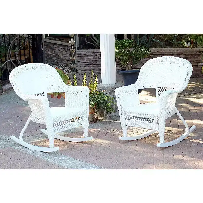 HomeStock Modern Motifs Patio Chair Set Of 2, Outdoor Rocking Chairs In White Resin Wicker, Steel Frame For Durability, Stackable For Storage