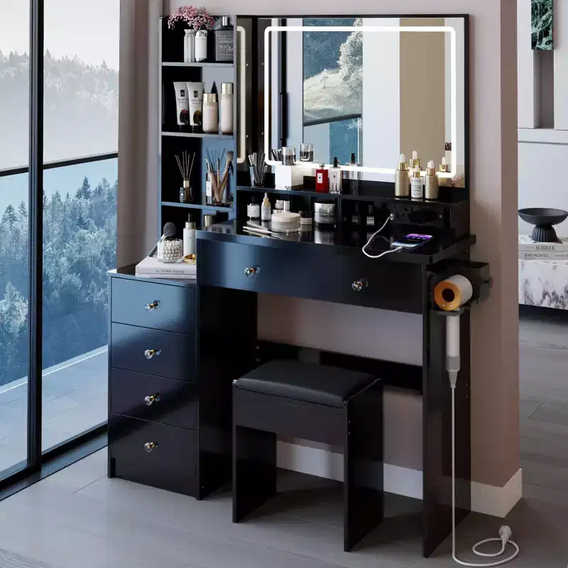 Okak 41IN Large Vanity Table with Cushioned Stool and Hair Dryer Stand, Makeup Vanity with Power Station and 3-Color Switch, Vanity Desk