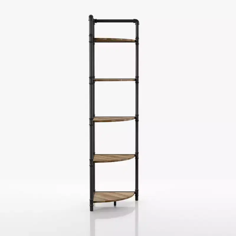 24/7 Shop At Home 63.75" Beeme 5 Tier Corner Bookshelf Sand Black/Light Pure Copper: Industrial Style MDF Storage