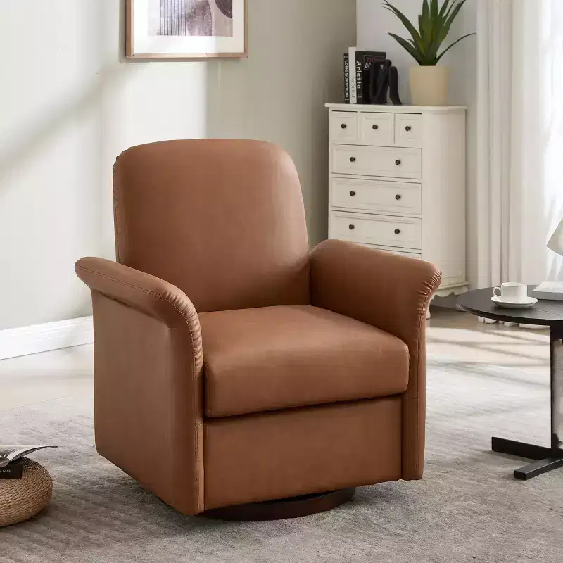 Modern 360° Swivel Barrel Accent Chair with Linen Upholstery & Wood Base
