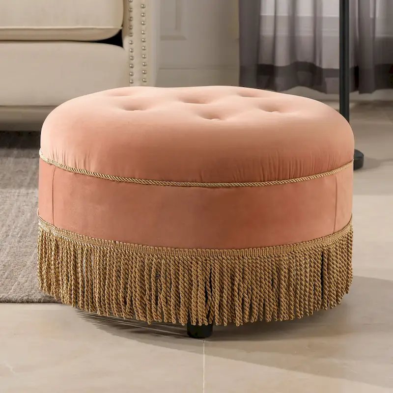 Velvet Round Accent Ottoman with Tassel Fringe, Vintage Tufted, Single Seat