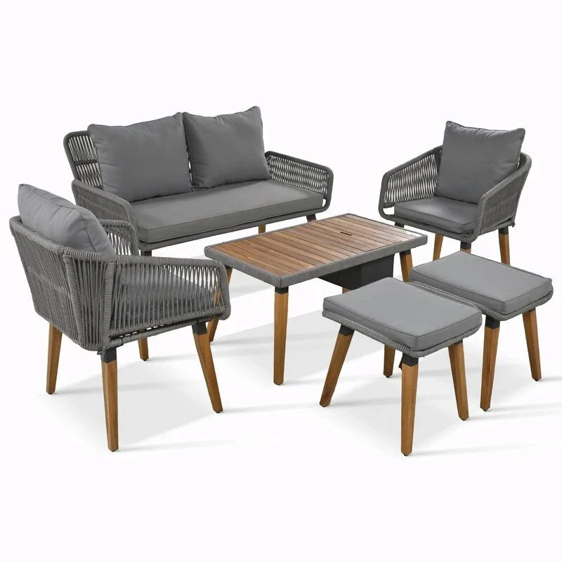 6-Piece Rope Patio Furniture Set with Acacia Wood Cool Bar Table