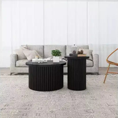 Round Nesting Coffee Table with Wood Grain Legs and Storage Space