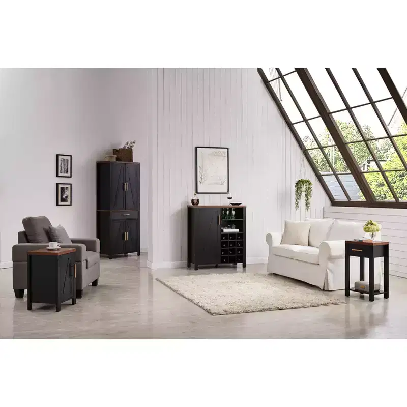 Farmhouse Sideboard Buffet Wine Bar Cabinet with 12-Bottle Rack & Gold Handle, Black & Walnut